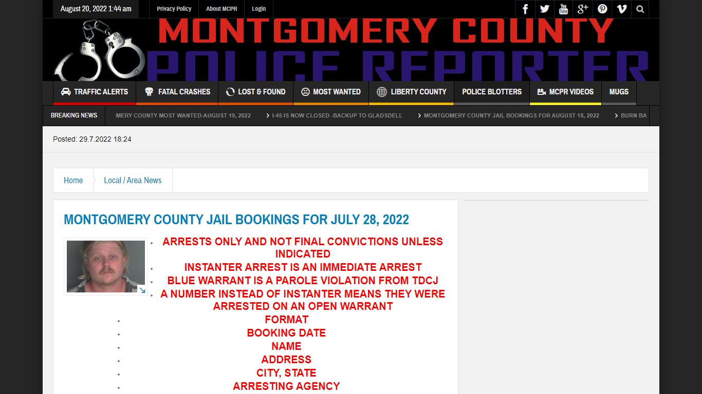 MONTGOMERY COUNTY JAIL BOOKINGS FOR JULY 28, 2022