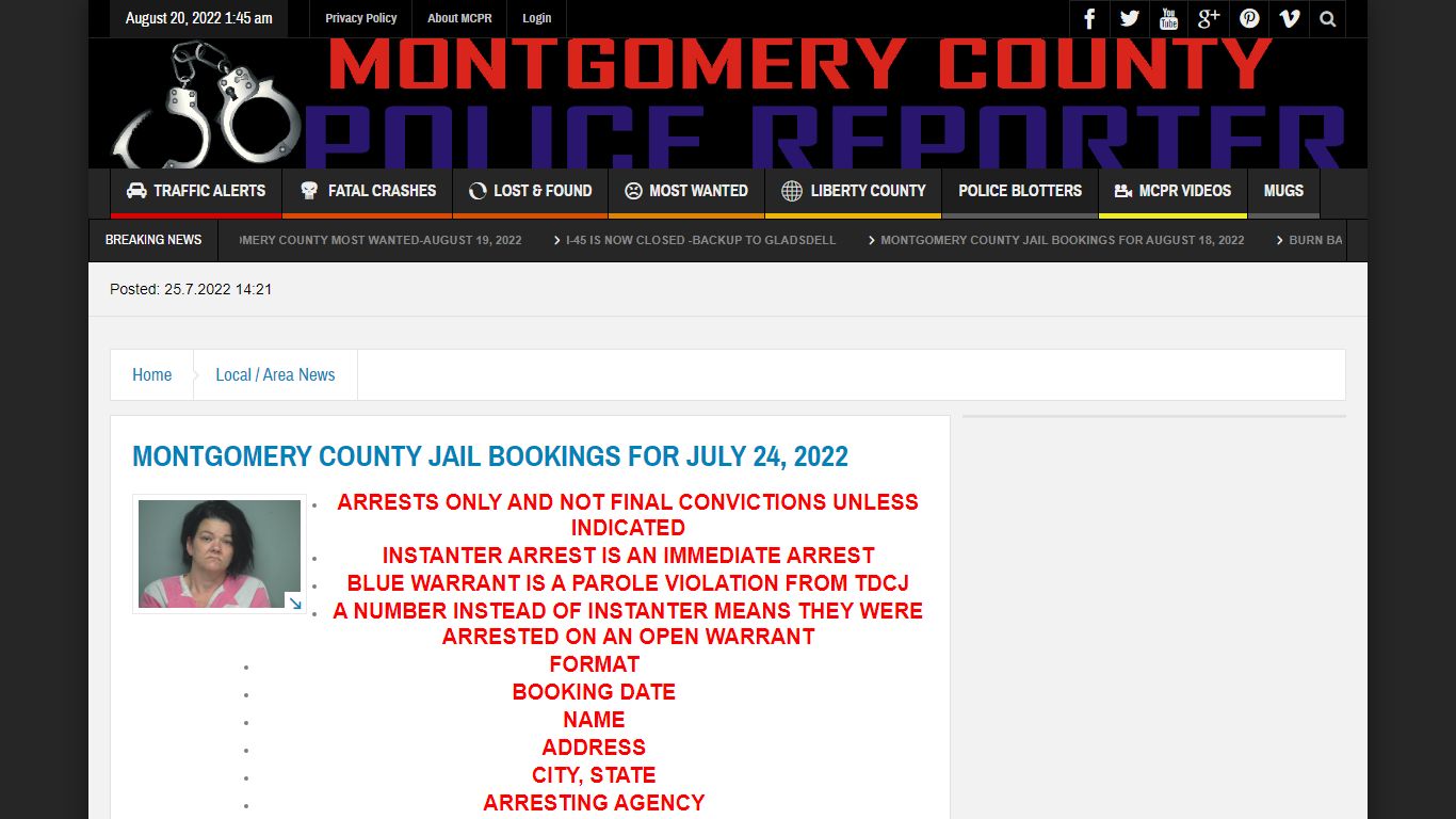 MONTGOMERY COUNTY JAIL BOOKINGS FOR JULY 24, 2022